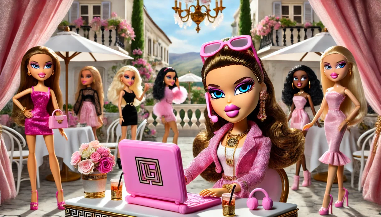 DALL·E 2024-07-09 13.16.01 - A glamorous Bratz Doll working at an outdoor cafe with other Bratz Dolls in the background. The main Bratz Doll has a pink computer with a Greek style