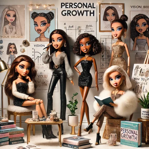DALL·E 2024-07-09 13.51.07 – A glamorous scene with Bratz Dolls representing personal growth. The dolls are stylishly dressed, with two of them being Black. The setting is inspira DALL·E 2024-07-09 13.51.07 - A glamorous scene with Bratz Dolls representing personal growth. The dolls are stylishly dressed, with two of them being Black. The setting is inspira