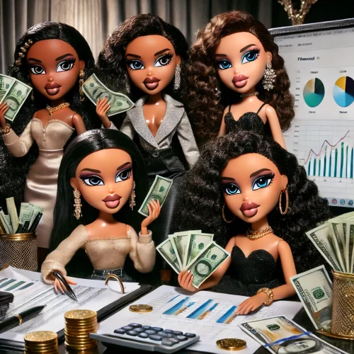 DALL·E 2024-07-09 14.25.57 - A glamorous scene with Bratz Dolls representing financial growth. The dolls are stylishly dressed, with three of them being Black with medium brown to