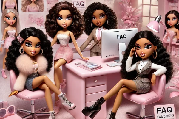DALL·E 2024-07-09 14.45.51 - A glamorous scene with Bratz Dolls in a cute pink office setting suitable for an FAQ section. The dolls are stylishly dressed, with three of them bein